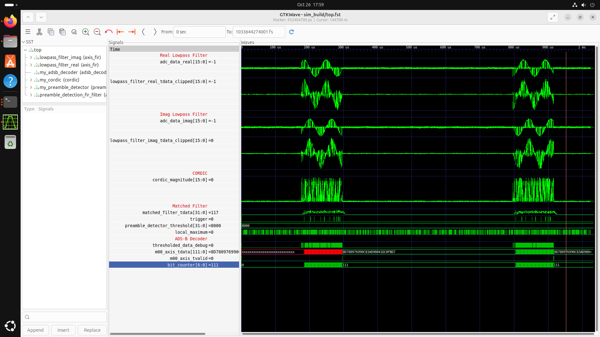 GTKWave screenshot showing IQ data, filtered IQ data, correlation signal, thresholded magnitude signal, and final AXI output of two correct ADS-B squitters.
