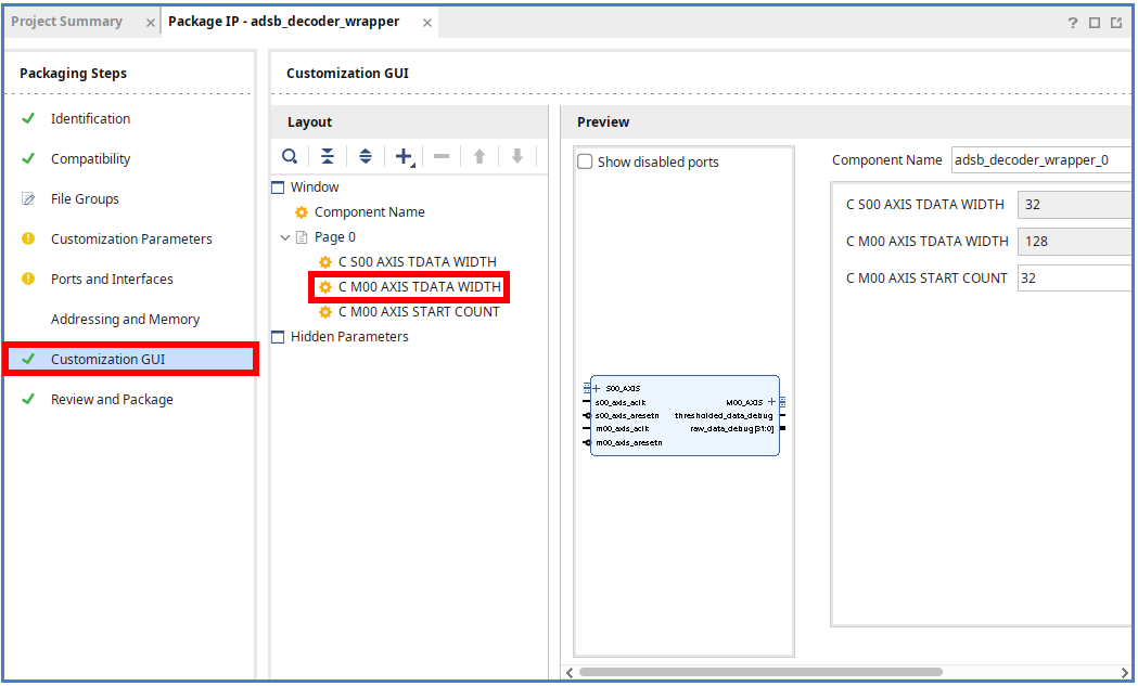 Package IP dialog with 'Customization GUI' step and 'C_M00_AXIS_TDATA_WIDTH' boxed in red.