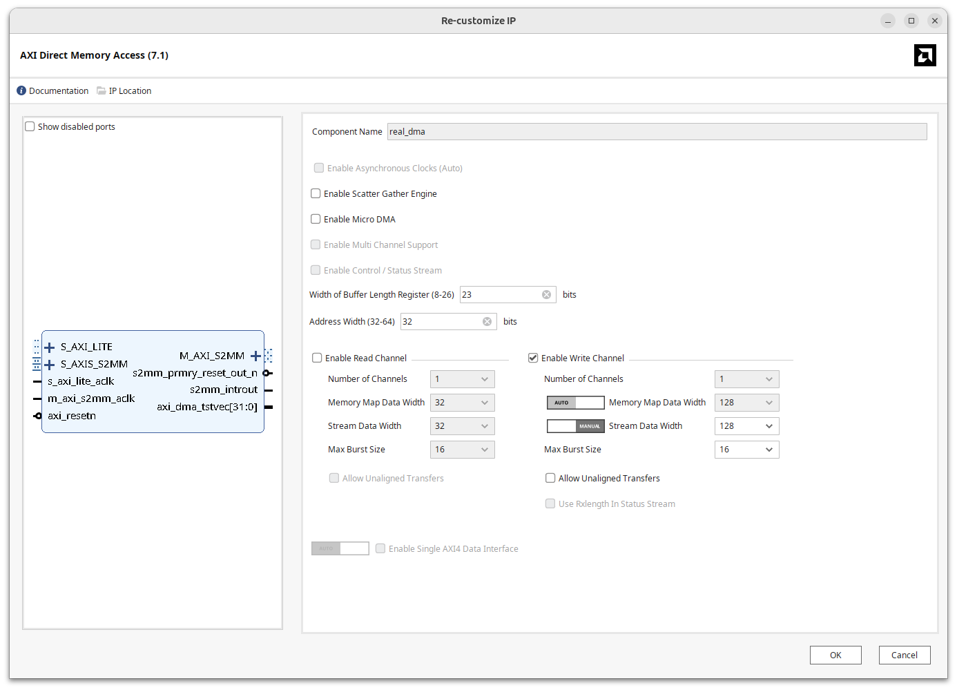 DMA customization parameters dialog with width set to 128 bits.