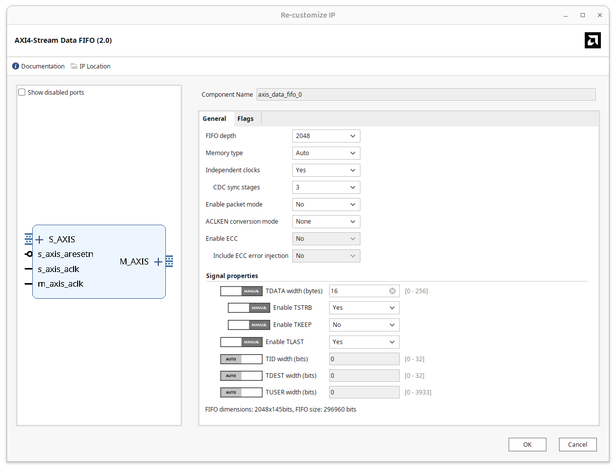 FIFO customization parameters dialog with width set to 128 bits and TLAST enabled.