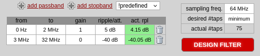 Settings for generation of lowpass filter. 0-2 MHz passband with gain 1 and 5 dB ripple desired (actual ripple 4.15 dB). 3-32 MHz stopband with gain 0 and 40 dB ripple desired (actual ripple -40.04 dB). Sampling frequency of 64 MHz. Desired #taps set to minimum, actual number of taps 75.